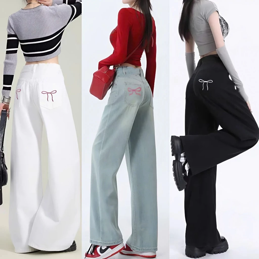 Quần Kaki Nữ Cạp Cao NAGUU Dáng Suông THÊU NƠ Túi Sau, Quần Jean Nữ Ống Rộng Hottrend Cách Điệu Q03