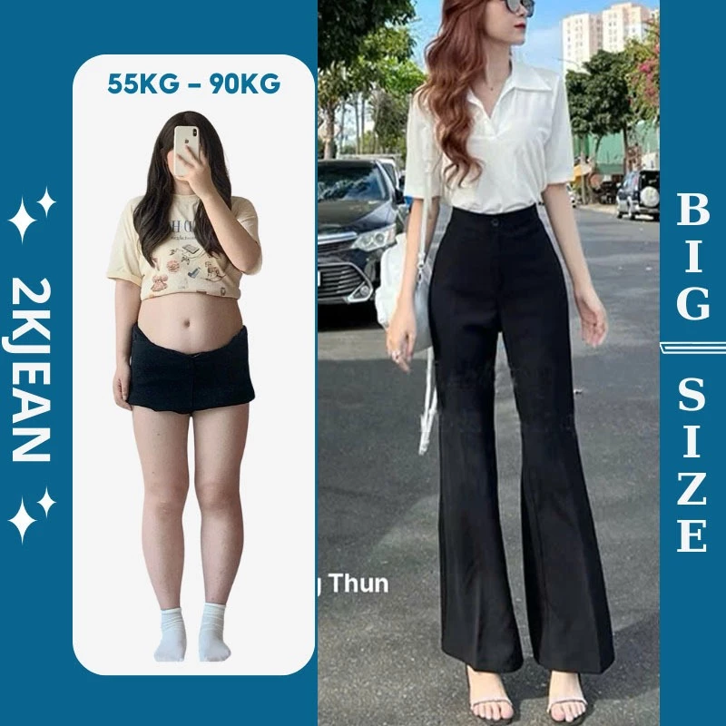 Quần ống loe vải tây lưng thun cạp cao Bigsize 55kg-85kg, kiểu dáng quần loe ống vừa rộng nữ cạp chun QL9018 2KJeans