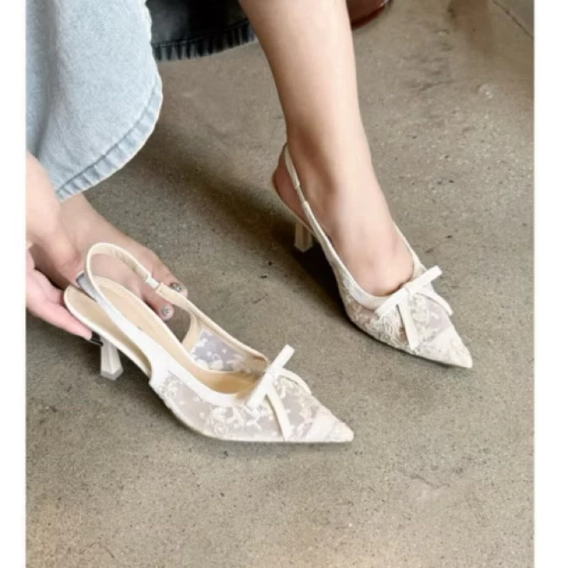 Giày sandal hở gót 9 phân chất REN mũi nhọn nơ nhỏ TL95