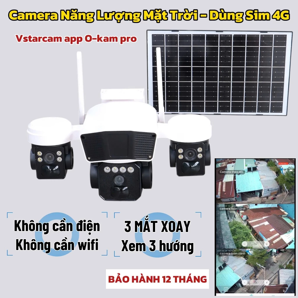 Camera Năng Lượng Mặt Trời Dùng Sim 4G 1 Tấm Pin/2 Tấm Pin Xem 3 Màn Hình, Xoay 3 Hướng Có Màu Đêm