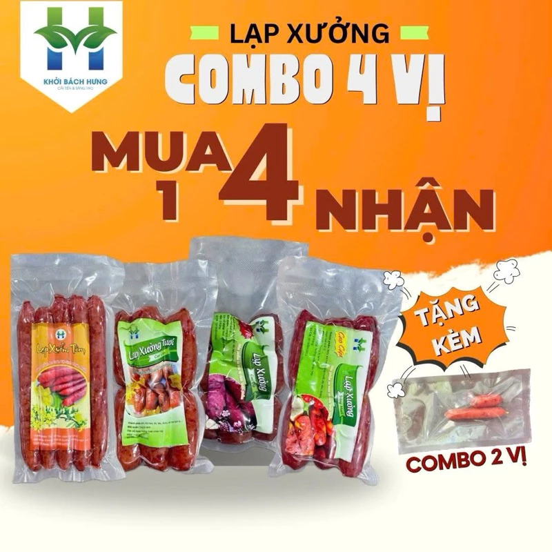 COMBO 1KG 4 VỊ LẠP XƯỞNG 250g TÔM -250g TRỨNG MUỐI-250g TRUYỀN THỐNG -250g HỒ LÔ. (Tặng vị heo khô)- Khởi Bách Hưng