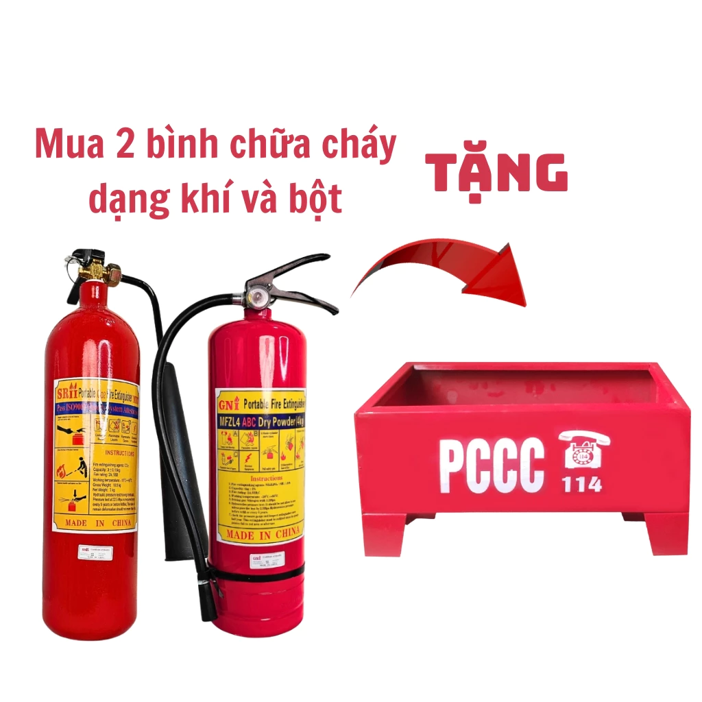 Combo 2 bình chữa cháy dạng khí CO2 MT3 và dạng bột MFZL4 tặng ngay 1 kệ đôi đựng bình, phù hợp cho mọi tình huống