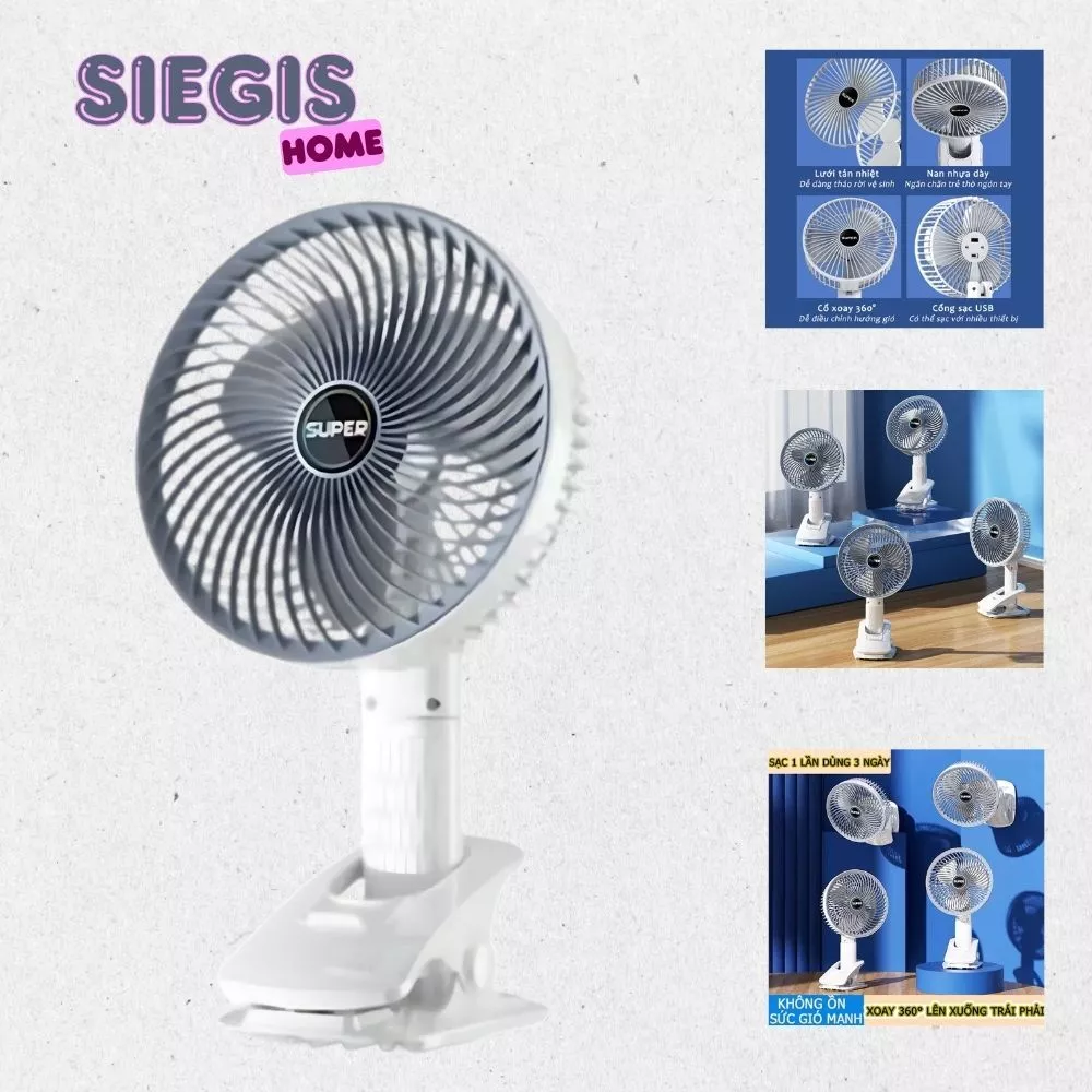 Quạt Để Bàn Gấp Gọn Super, Quạt Kẹp Tích Điện 3 Tốc Độ Gió Siêu Tiện Lợi