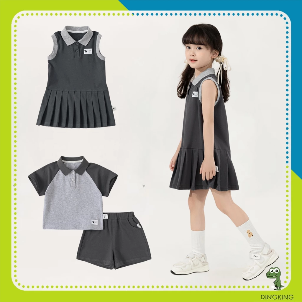 Set đồ đi học bé trai, bé gái DINOKING Váy bé gái xếp ly, Bộ polo bé trai kiểu Hàn Quốc Quần áo trẻ em mùa hè 2025 DB70
