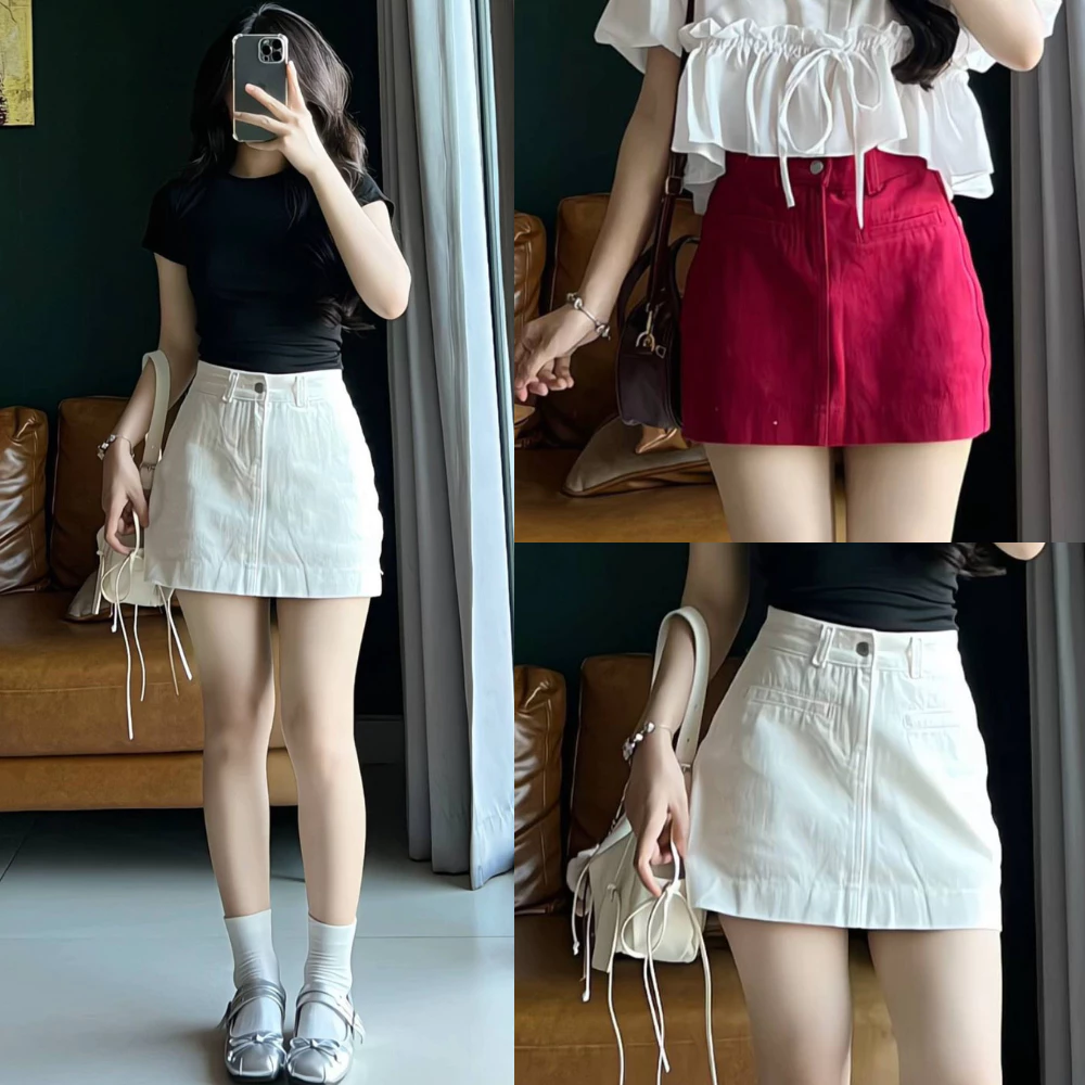 Chân váy chữ A có quần bảo hộ, chân váy jeans tôn dáng cạp cao chất liệu dày dặn - NAGUU
