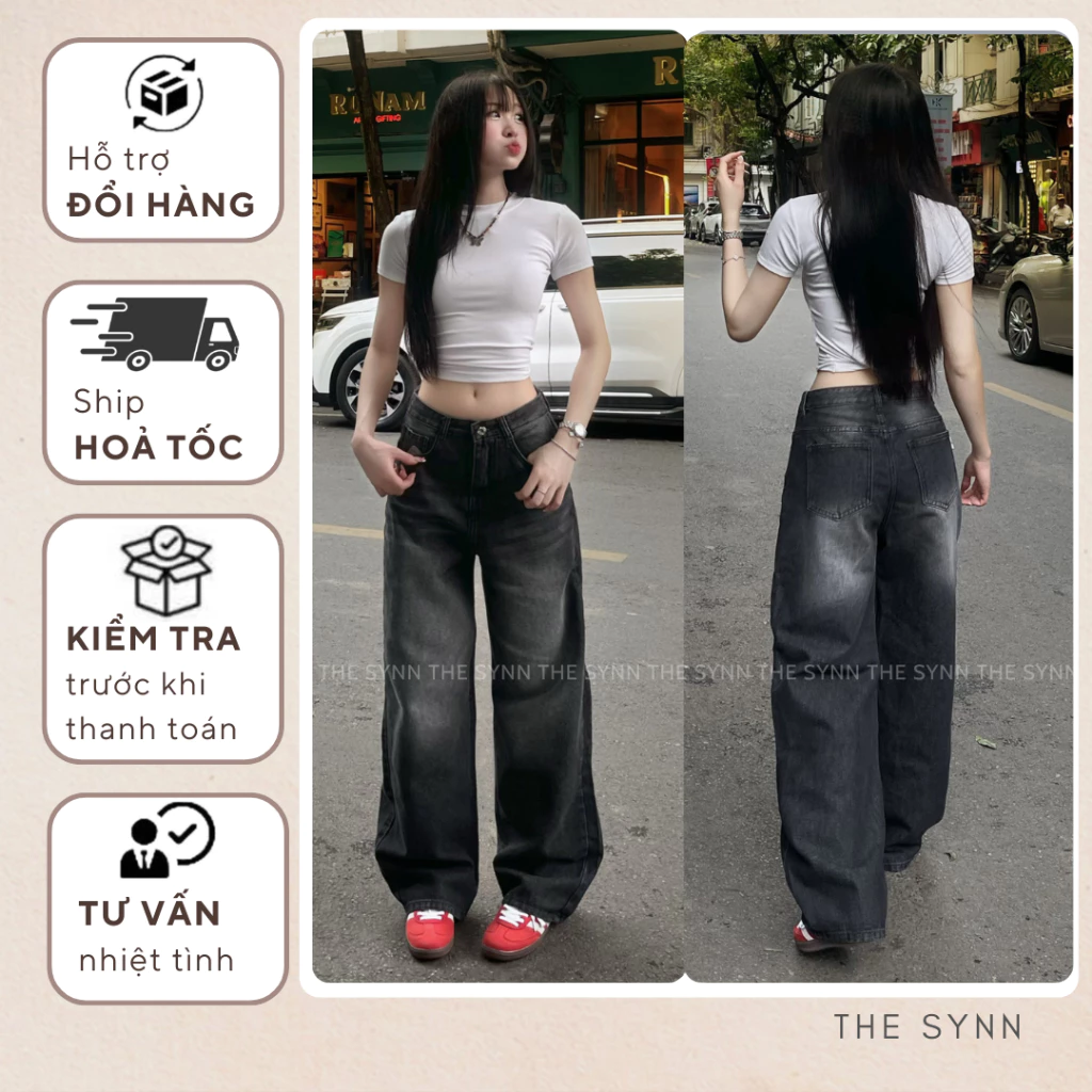 QJ49 - Quần Jean Nữ Ống Rộng, Lưng Cao Màu Đen Wash Thuần The Synn