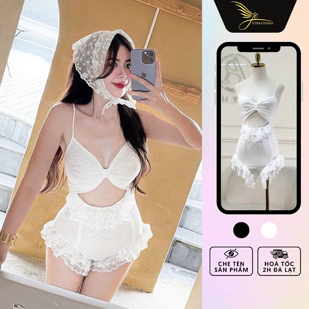 Bikini 1 Mảnh, Đồ Bơi Liền Thân Sexy JUNA Freesize Thời Trang Đồ Đi Biển Dành Cho Nữ, Chất Polyester Phối Ren, Màu Trắng