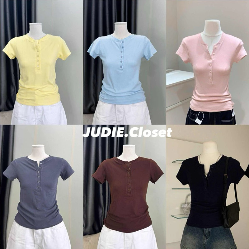 JUDIE - Áo Thun Cộc Tay Phối Cúc Ôm Body Nữ - Áo Tay Ngắn Cổ Khuy Dáng Ôm Nhiều Màu Chất Thun cotton (ảnh thật)