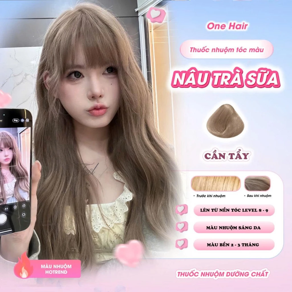 Thuốc Nhuộm Tóc Màu NÂU TRÀ SỮA, Cần Tẩy - ONE HAIR