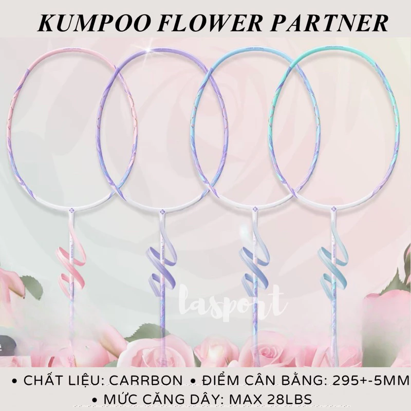 Vợt cầu lông Kumpoo Flower Partner PRO, vợt cầu lông Kumpoo sợi carbon 4U căng sẵn 11kg tặng kèm túi đựng và quấn cán