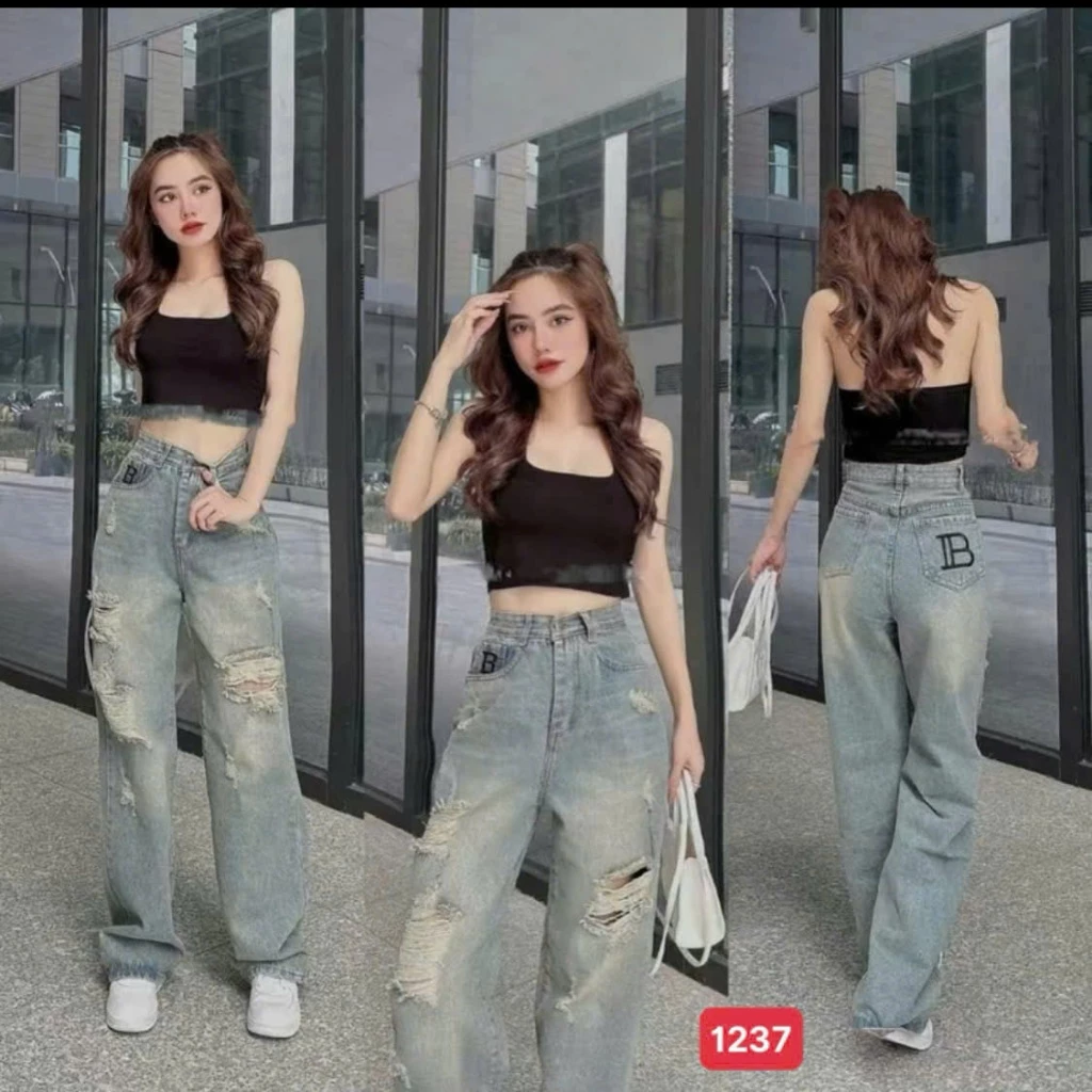 Quần baggy jean nữ rách💖FREESHIP💖 Quần Jean Nữ Suông cao cấp thiết kế đơn giản Lady Fashion - BG417