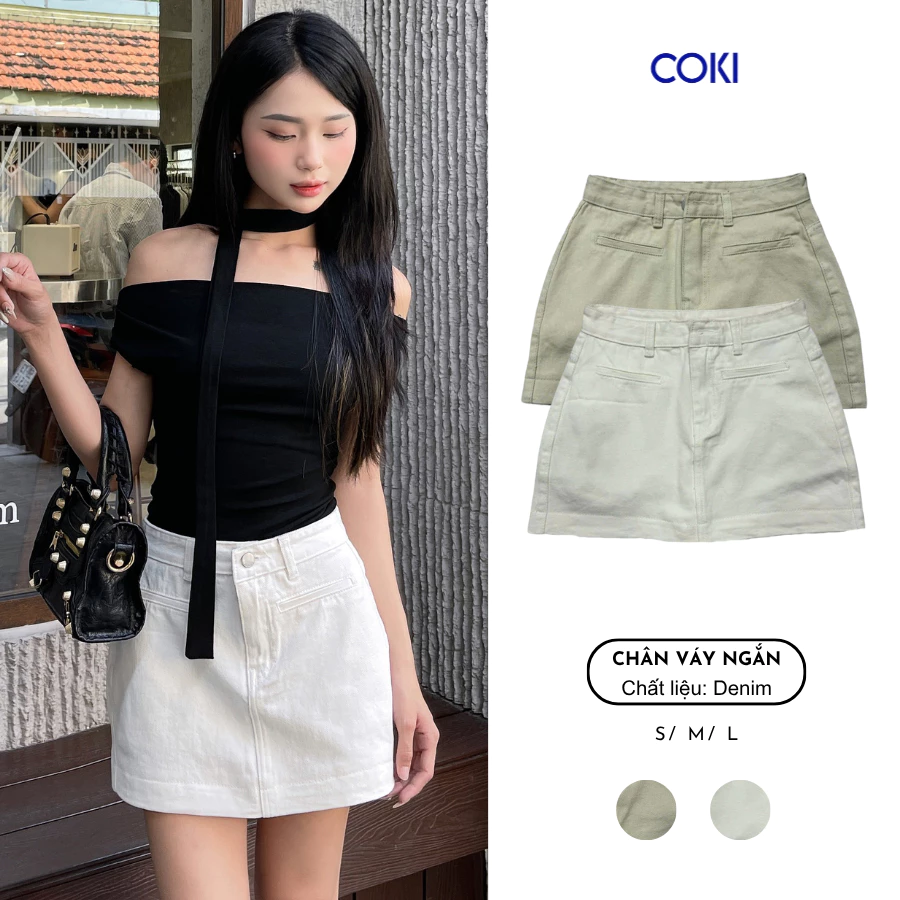 Chân váy kaki Nữ Ngắn Dáng Chữ A Túi Ngang Lưng Cao 2 Màu Trắng Be