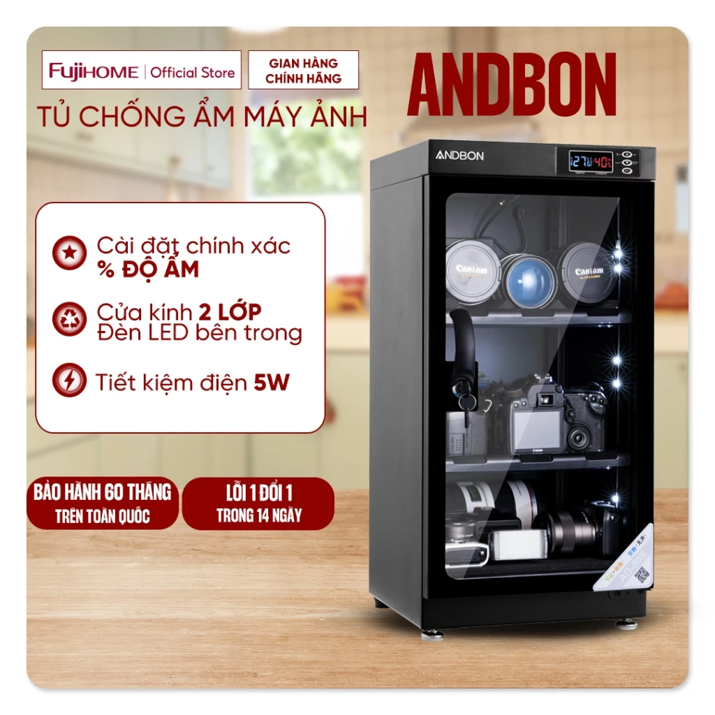 Tủ chống ẩm máy ảnh 50 Lít nhập khẩu Andbon chính hãng, tủ hút ẩm 50L 3 ngăn chống xước, cài đặt % độ ẩm chính xác