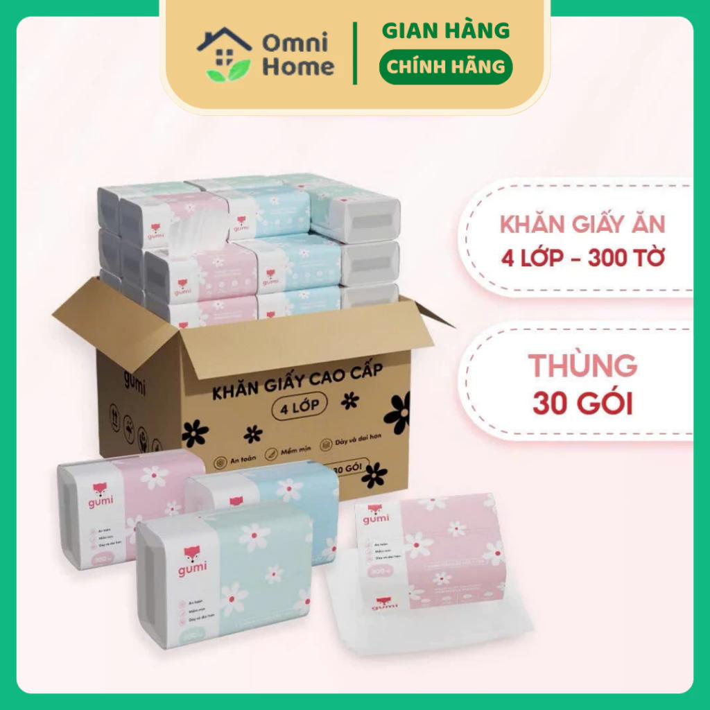 Giấy Ăn Rút GUMI Cao Cấp 300 Tờ/Gói - Dai Mềm - 4 Lớp Dày Dặn An Toàn Da Nhạy Cảm