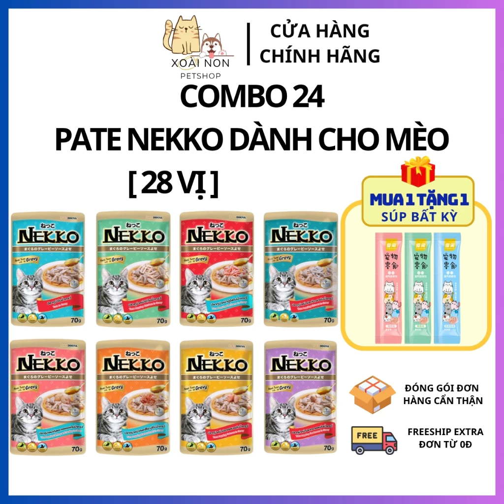 COMBO 24 Pate Nekko Dinh Dưỡng 28 Vị Nội Địa Thái Lan Cho Mọi Loại Gói 70G Dùng Cho Mèo Mọi Lứa Tuổi