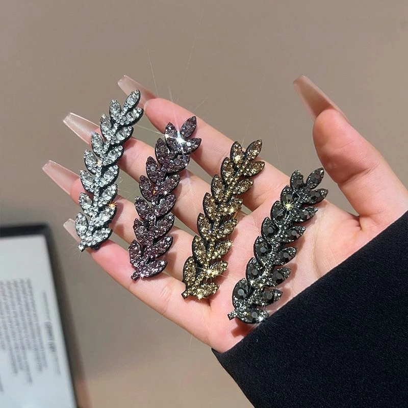 Balltest🎨Kẹp tóc đính đá hình chiếc lá mảnh 7cm đơn giản sang trọng lấp lánh cho nữ