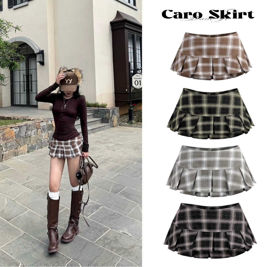 [ 𝐂𝐀𝐑𝐎 𝐒𝐊𝐈𝐑𝐓 ] Chân váy caro xếp ly , lệch tà , hack dáng, | BY DANEJI