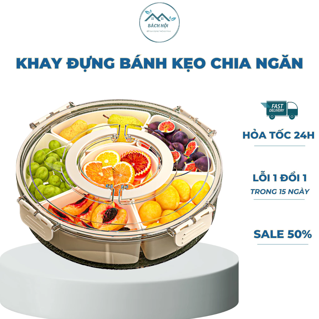 Hộp Đựng Bánh Kẹo 6 Ngăn Nhựa PP Có Nắp Xoay Nhựa Cao Cấp, Khay Mứt Tết Cao Cấp