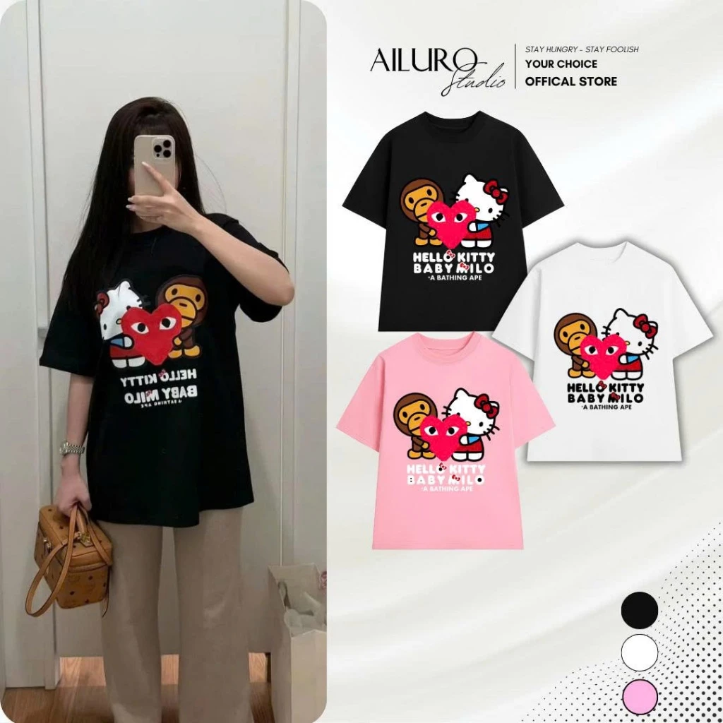 Áo thun unisex Bathing Ape Hello Kitty chất 100% Cotton phông tay lỡ nam nữ form rộng