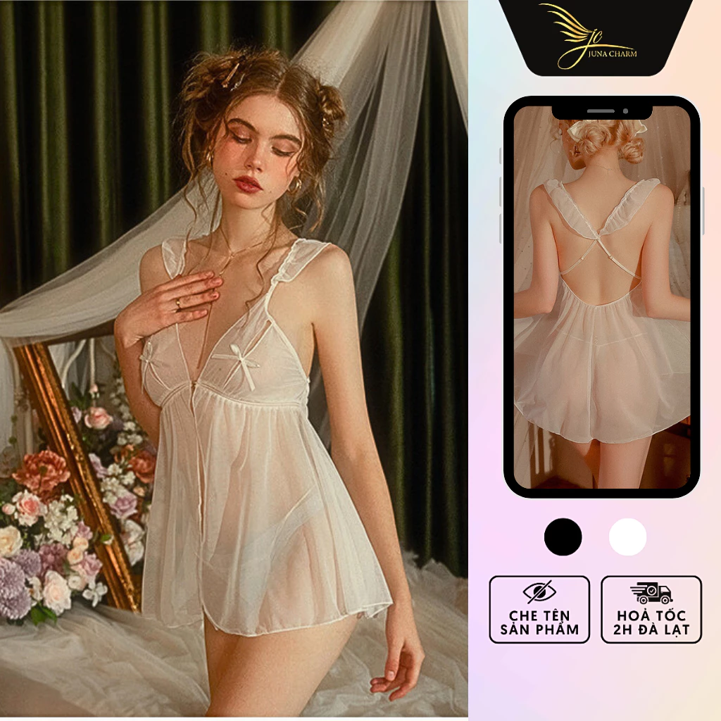 Váy Ngủ 2 Dây, Đầm Ngủ Xuyên Thấu Cài Trước Sexy JUNA Freesize Thời Trang Đồ Ngủ Dành Cho Nữ Chất Voan, Màu Trắng/SP5903