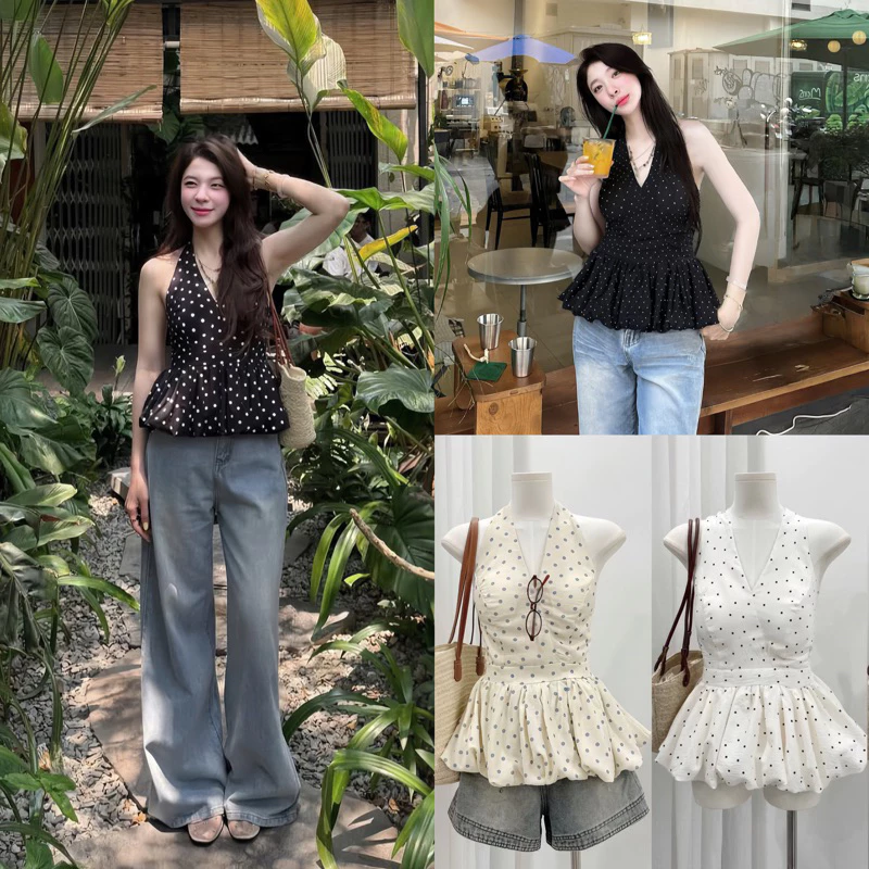(Hàng L1 có sẵn SM có đệm mút) Áo cổ yếm hoạ tiết chấm bi dáng bí hở lưng chun sau DOTTIE TOP