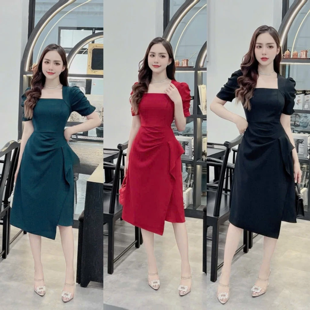 Đầm dự tiệc nữ có tay dáng suông phối bèo nhún eo dễ thương, sang chảnh