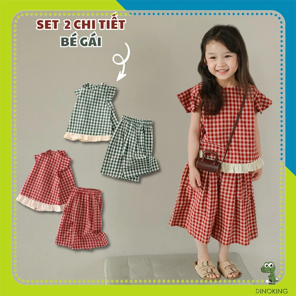 Set bộ bé gái mùa hè DINOKING Bộ áo tay cánh tiên quần ống suông hoạ tiết kẻ caro phong cách Hàn Quốc 3 - 8 tuổi DB65