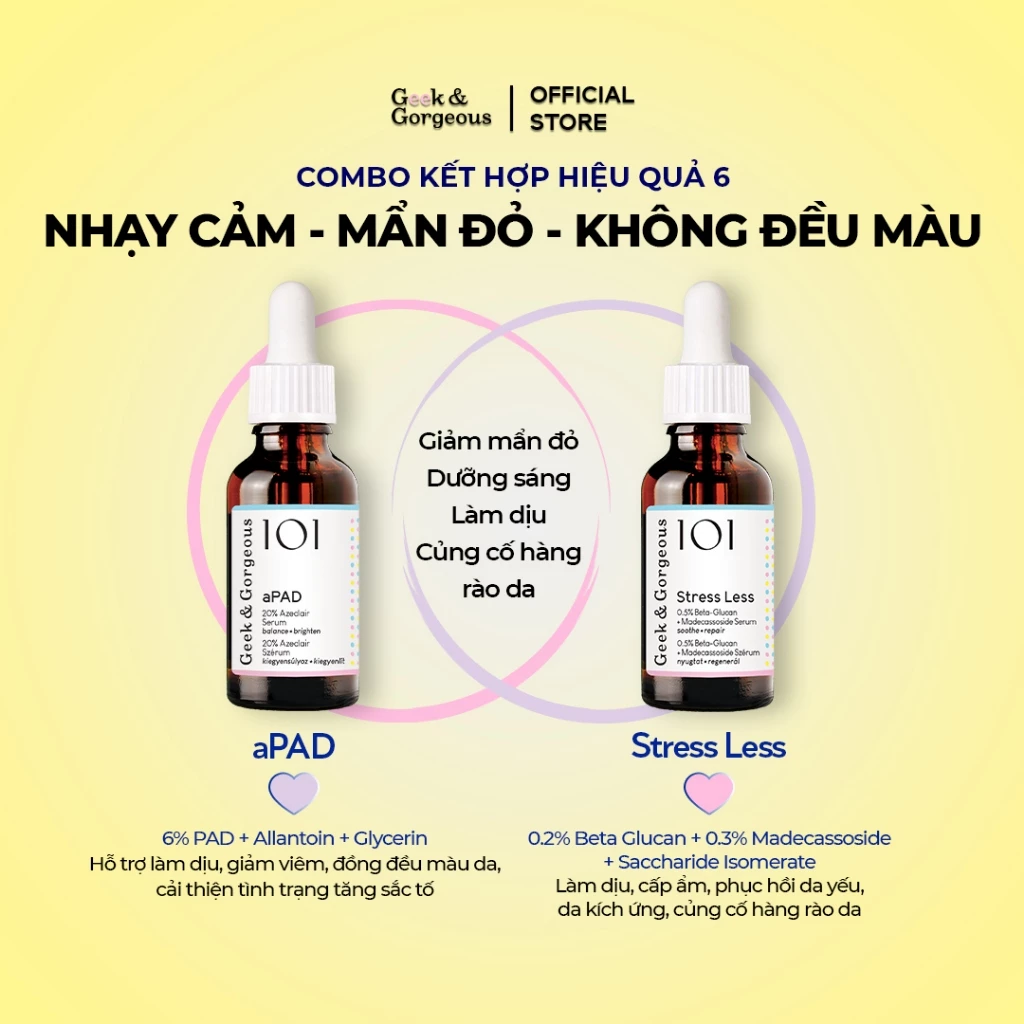 Bộ Đôi Tinh Chất Làm Sáng, Giảm Đỏ, Phục Hồi Chuyên Sâu Cho Da Nhạy Cảm Geek&Gorgeous aPAD + Stress Less 30ml+30ml
