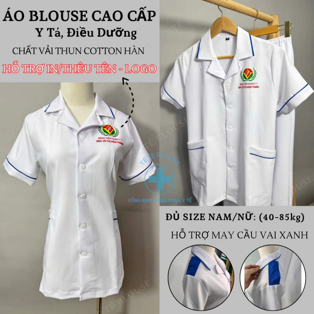 Bộ blouse trắng viền xanh điều dưỡng, dược sỹ, y tá nam nữ cộc tay hàng đẹp - có bán lẻ Áo, quần riêng [Xưởng may]