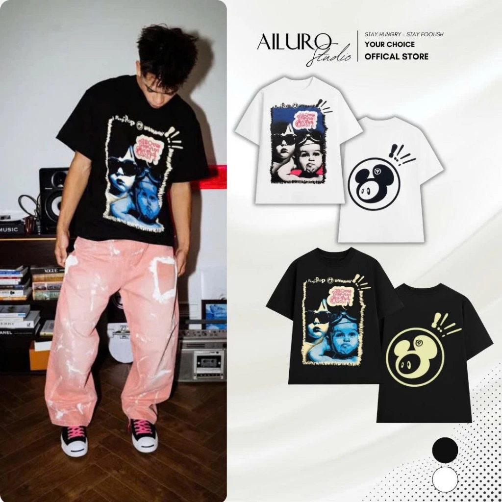 Áo thun unisex Poppop Hihi Baby chất 100% Cotton phông tay lỡ nam nữ form rộng