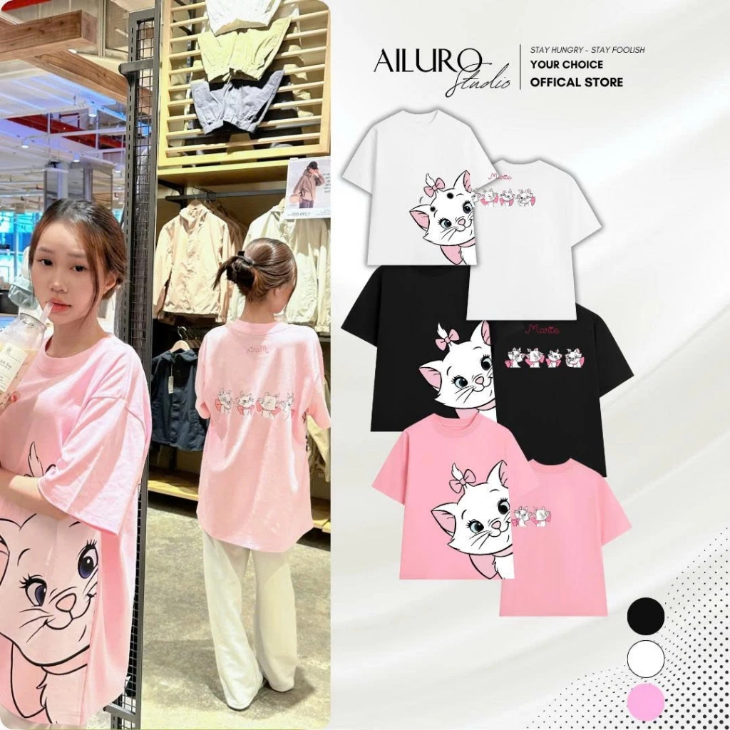 Áo thun unisex Mèo Marie chất 100% Cotton phông tay lỡ nam nữ form rộng