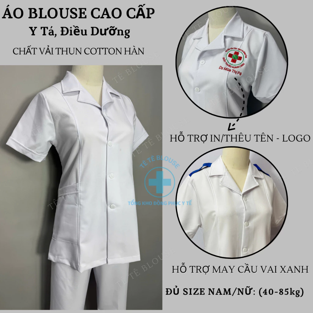 Áo Blouse Dược sĩ, Điều dưỡng trắng Nam Nữ dáng ngắn ngang đùi - cộc tay, áo Y tá hàng đẹp chất dày Thun Cotton co giãn