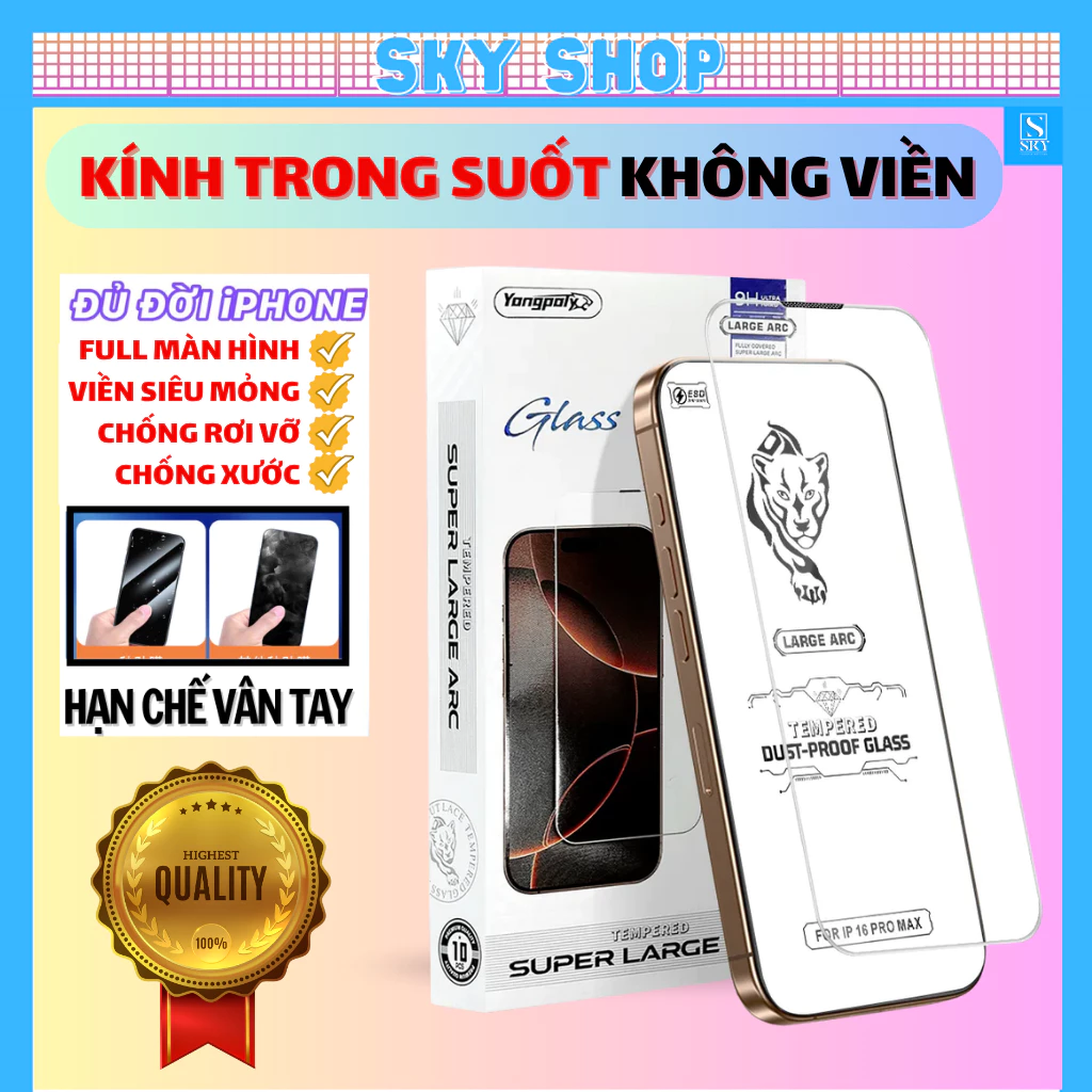 Kính cường lực iPhone trong suốt không viền đen cho 15 ProMax 12 ProMax 13 ProMax 14 Pro Max 16 ProMax