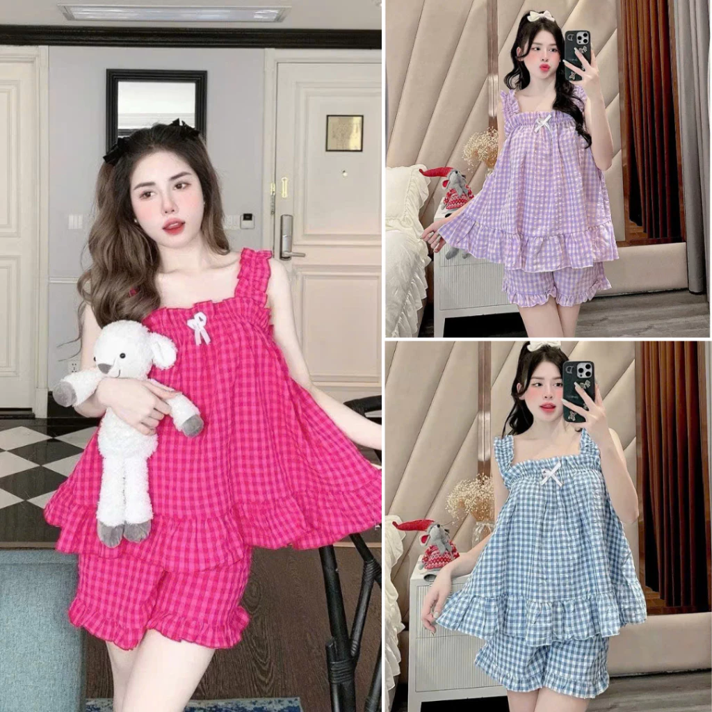 Bộ 2 dây kẻ caro mặc nhà siêu xinh - đồ bộ hai dây nhiều mẫu dễ thương