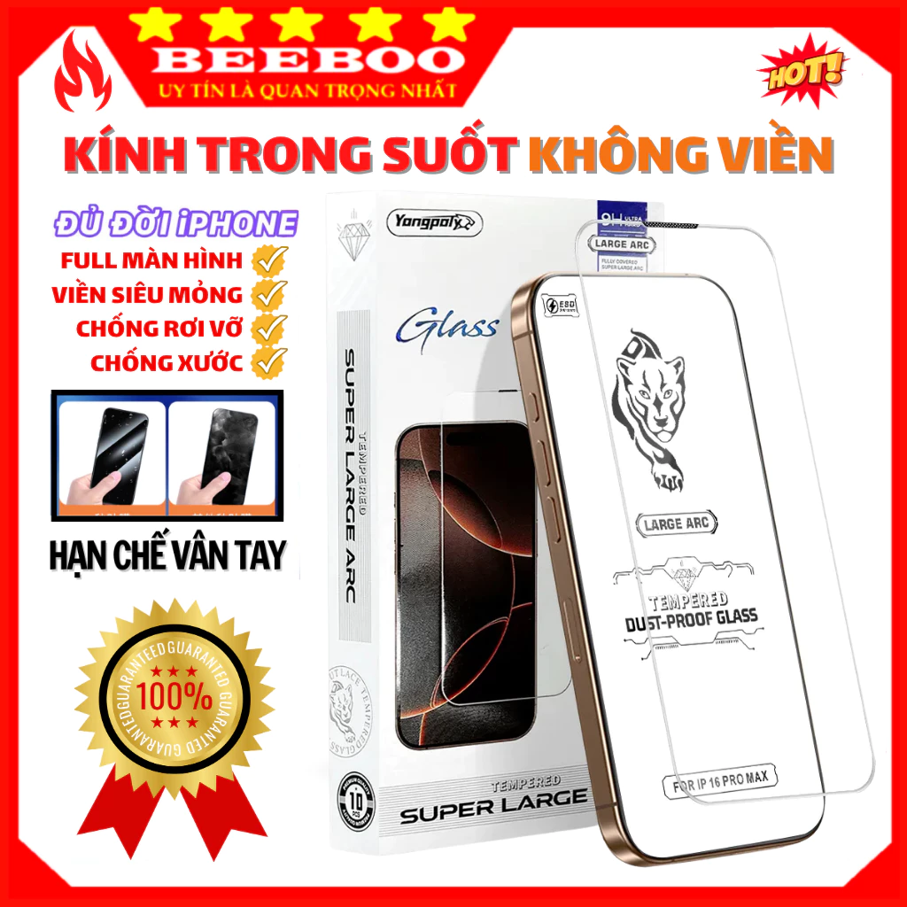 Kính cường lực iPhone trong suốt không viền đen cho 15 ProMax 12 ProMax 13 ProMax 14 Pro Max 16 ProMax