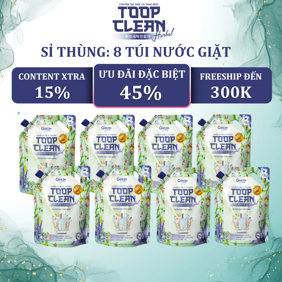 Combo 8 Túi Nước Giặt Thảo Mộc Đậm Đặc TOOP CLEAN Herbal 2,6 Kg/Túi - Hương Hoa Thiên Nhiên/ Quyến Rũ