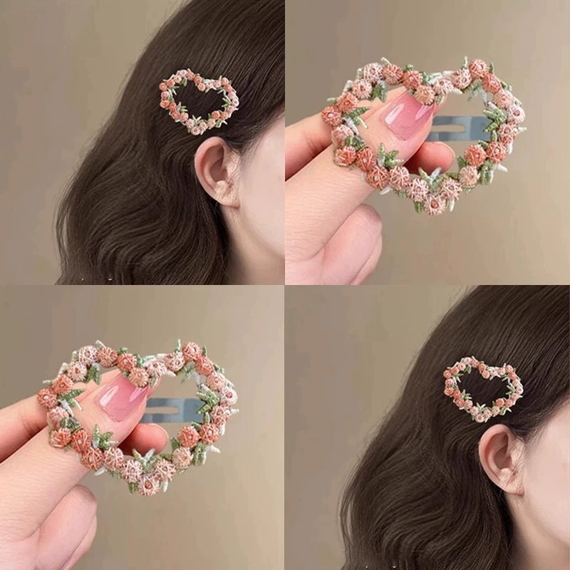 Kẹp Tóc Trái Tim Thêu Hoa Hồng Pastel – Kẹp Bên Ngọt Ngào Dễ Thương, Phụ Kiện Nữ Xuân Hè 2025 364951