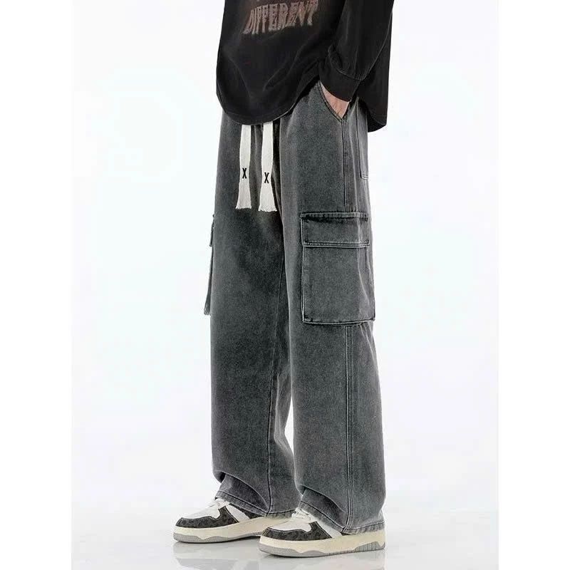 Quần Jeans Dài Túi Hộp lưng chun  Wash màu xanh và xám phong cách streetwear cá tính