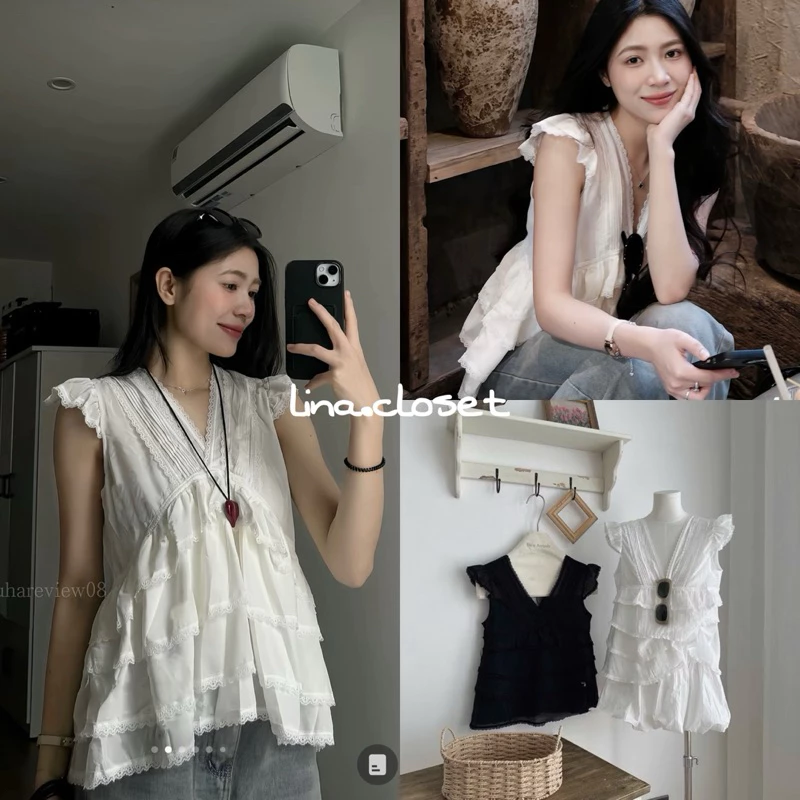Áo sơ mi BabyDoll sát nách Tay Cánh Tiên cổ V bèo tầng phối ren thắt nơ lưng A785
