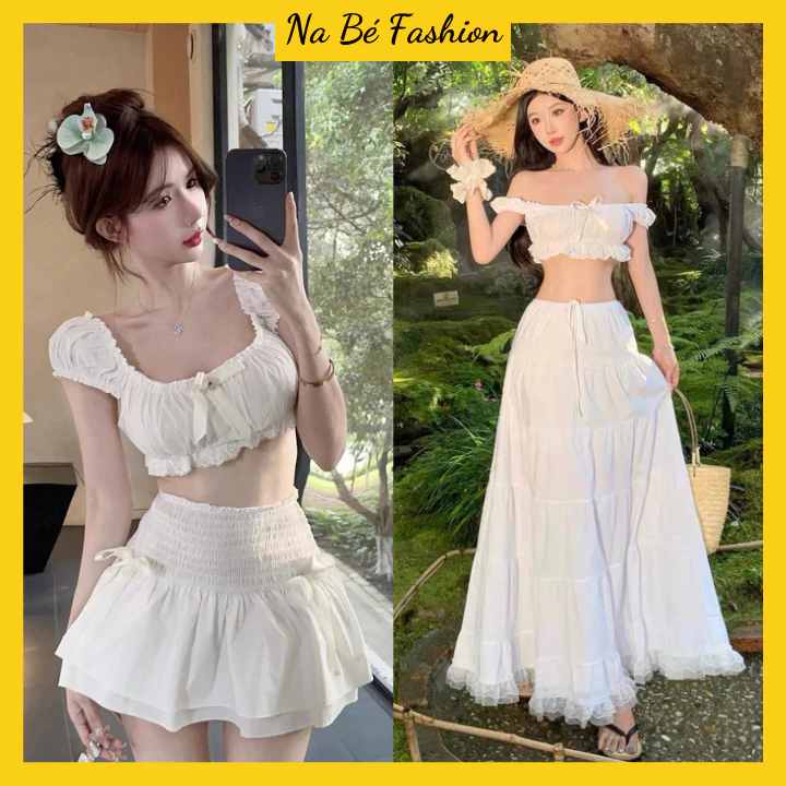 (Có Mút Ngực) Set Áo Croptop Trễ Vai Đính Nơ Ngực Mix Chân Váy Xòe Viền Ren Phù Hợp Đi Biển, Du Lịch