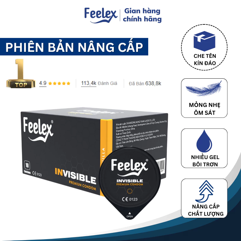 Bao cao su Feelex siêu mỏng, kéo dài thời gian, gân gai, nhiều gel bôi trơn - Hộp 10 bcs
