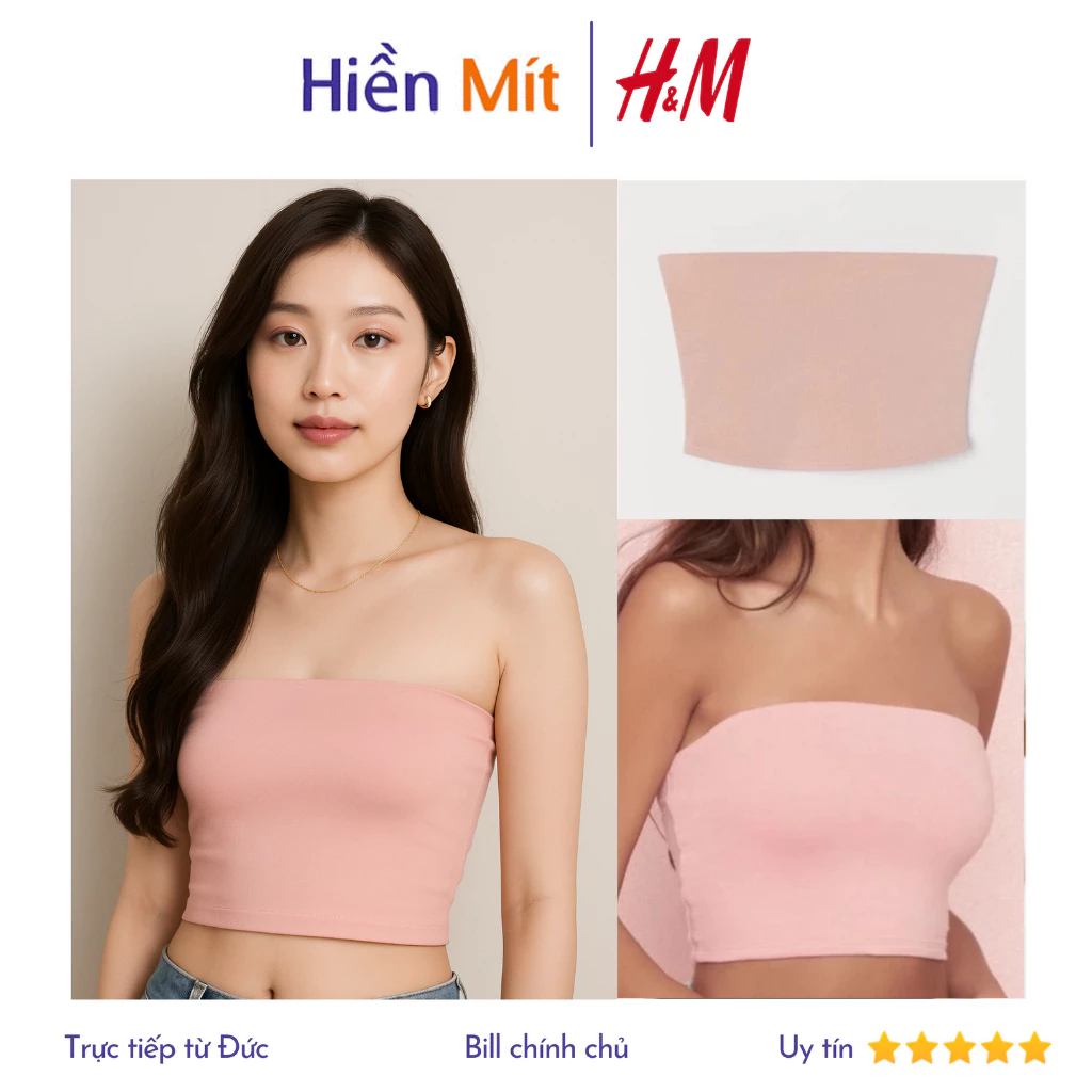 (Size XS, L) H&M Đức - Áo ống croptop vải cotton siêu mềm mại co giãn cực tôn dáng HM màu hồng da phấn nhạt ngắn quây