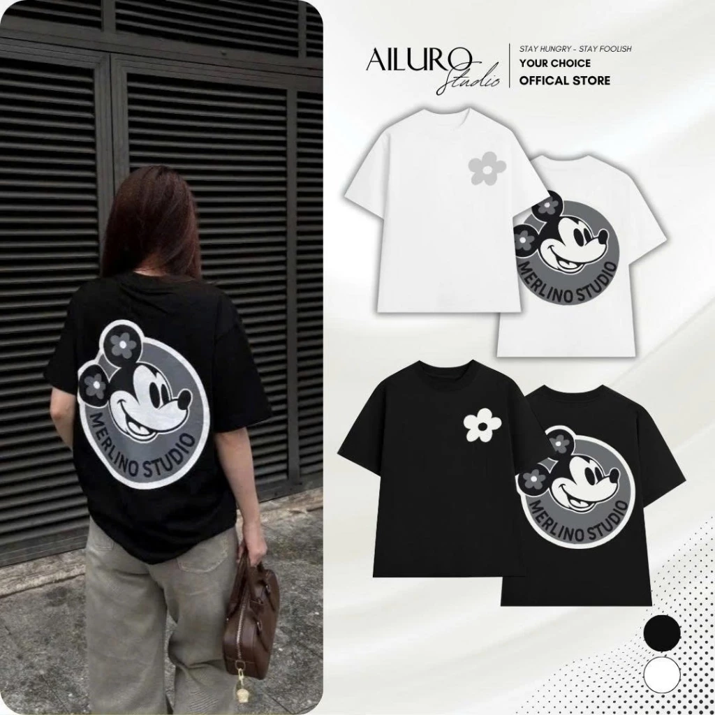 Áo thun unisex Chuột Mickey Merlino chất 100% Cotton phông tay lỡ nam nữ form rộng