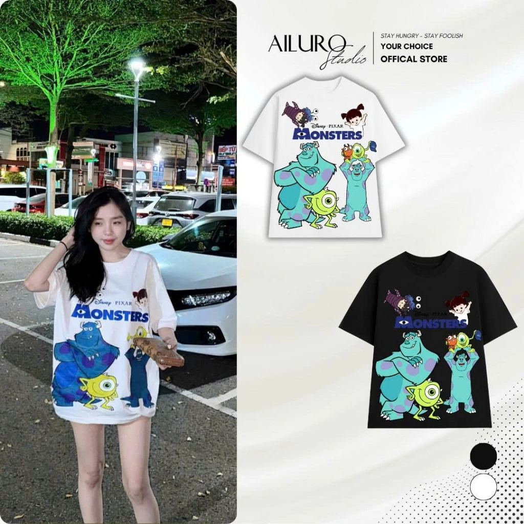 Áo thun unisex Disney Pixar Monsters chất 100% Cotton phông tay lỡ nam nữ form rộng