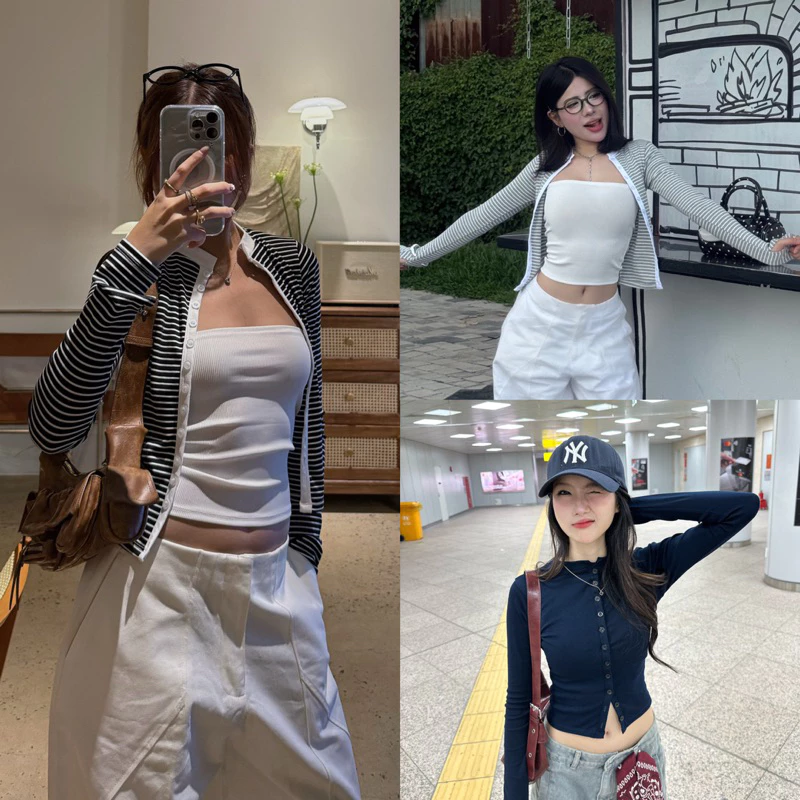 CRUSHIE DEROSE LONGSLEVES - Áo Thun Tay Dài Có Thể Mang Cardigan Khoác Ngoài Nút Thiệt Thun Trơn Mịn Co Giản Ôm Body