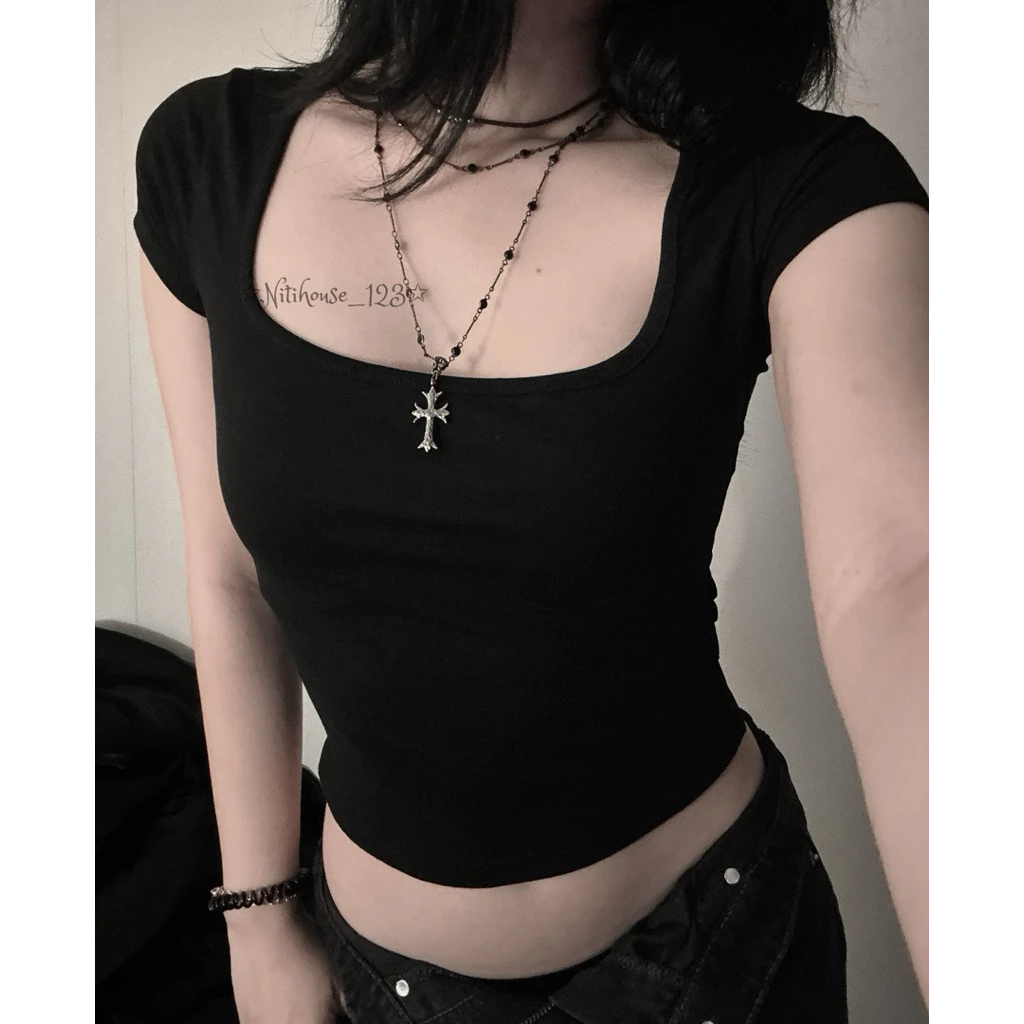 [AU1] Áo cổ vuông tay ngắn dáng lửng thun trơn ôm body