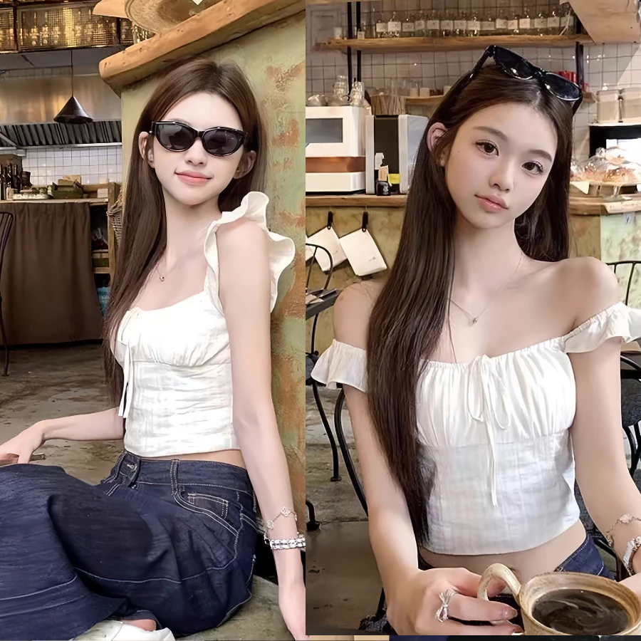 Áo Trễ Vai Tay Cánh Tiên, Áo Croptop Trắng Tay Bồng Tiểu Thư Đơn Giản Dề Mặc Đi Chơi Đi Biển Dạo Phố Mùa Hè