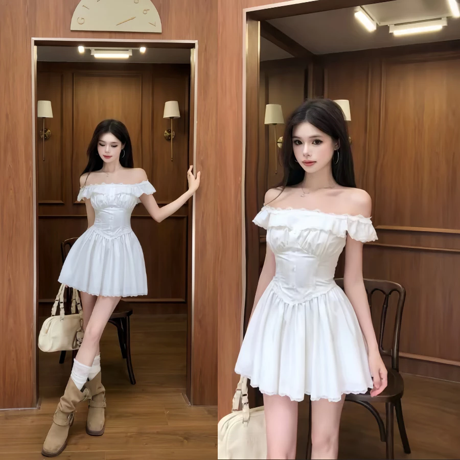 Đầm Trễ Vai Trắng, Đầm Xoè Dự Tiệc Thiết Kế Trễ Vai Phối Ren Cách Điệu Cho Nàng Đi Du Lịch, Tiệc Tùng Đều Sang, Nữ Tính