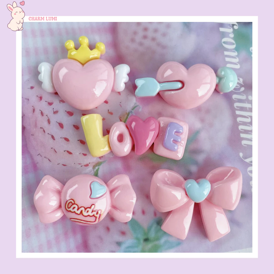 🍭Charm Nơ Kẹo Tim Pastel Siêu Dễ Thương | Phụ Kiện DIY – Trang Trí Ốp Lưng, Nón Bảo Hiểm, Dép Lỗ, Slime