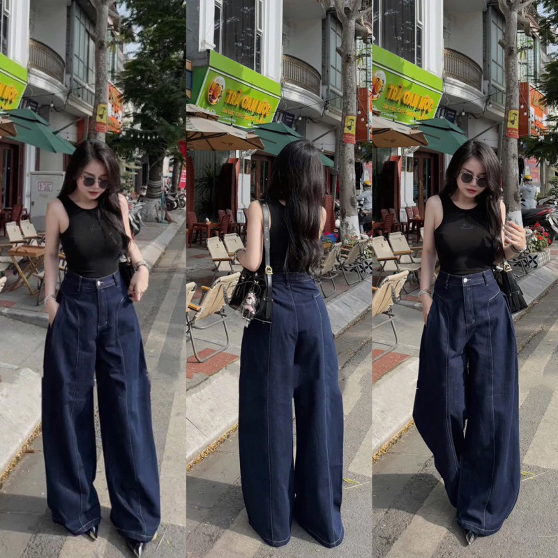 Quần Jeans Nữ Ống Rộng Chất Denim, Quần Bò Nữ Sọc Gân Xanh Than Hách Dáng Cực Đỉnh
